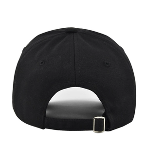 Detail of black cotton baseball cap showing back view with silver metal adjustable buckle