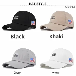Detail view of USA embroidery baseball caps in black, khaki, grey, and white colors