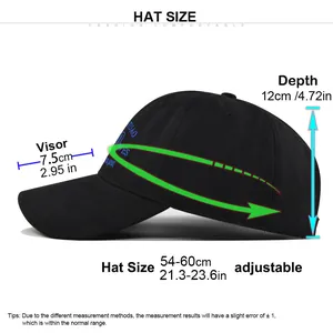 Size chart showing baseball cap dimensions including depth visor and adjustable strap