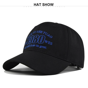 Close-up of blue embroidered 1980 letters on a black cotton baseball cap surface