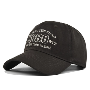 Detailed view of high-quality white 1980 letter embroidery on black cotton baseball cap