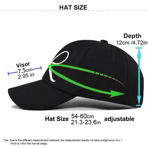 Tableau des tailles détaillé pour casquette noire brodée montrant dimensions et réglage