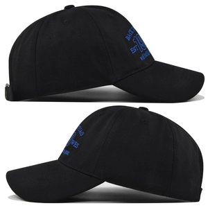 Close-up of blue 1980 embroidery details on a black breathable baseball cap