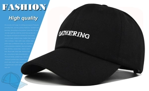 Detail of high quality white GATHERING embroidery on black cotton twill baseball cap