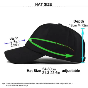 Size chart showing baseball cap dimensions with 54-60cm circumference and 7.5cm visor