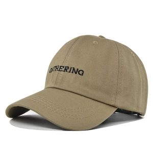 Khaki cotton baseball cap with black GATHERING embroidery and curved brim for sun protection