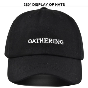 Classic black cotton baseball cap featuring white GATHERING letter embroidery on front