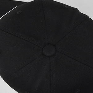Gros plan sur la couronne à six pans et le bouton d'une casquette en sergé noir