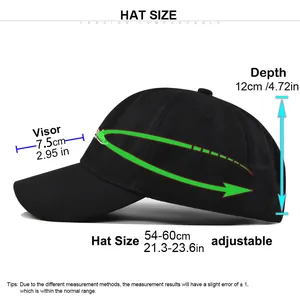 Guide des tailles casquette noire avec visière 7,5cm et tour de tête réglable 54-60cm