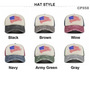 Vintage USA flag baseball cap with distressed brim and breathable mesh back in six colors