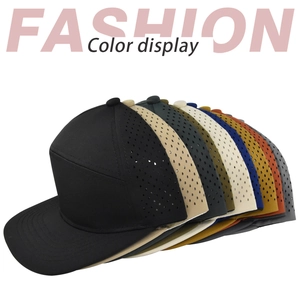 Flat brim mesh baseball caps in multiple colors featuring laser-cut ventilation holes