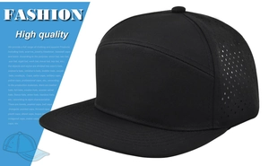 Detail view of black hip hop cap featuring breathable laser-cut mesh side panels