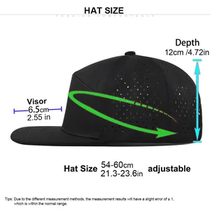 Size chart for adjustable baseball cap with measurements for circumference and visor depth