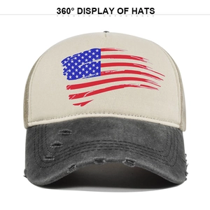 Distressed American flag trucker hat with vintage washed mesh and artistic flag print design