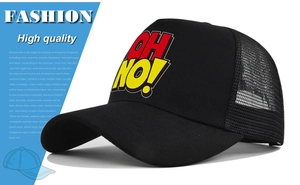 Side view of black mesh trucker hat featuring OH NO! pop art print and mesh panels