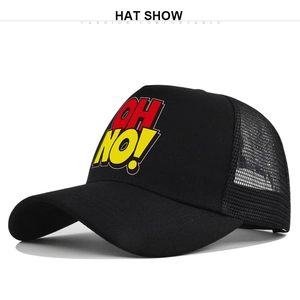 Detail of black trucker hat featuring red and yellow OH NO! print and breathable mesh