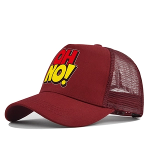 Detail view of the breathable mesh back and 'OH NO!' printed design on a red trucker cap