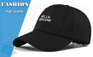 Close-up of white HELLO WEEKEND embroidery on a black cotton twill baseball cap
