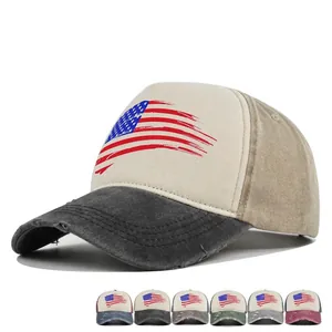 Vintage Washed Cotton Baseball Cap For Men Women Distressed US Flag Print Adjustable Trucker Hat Outdoor Casual Fashion