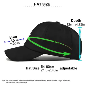 Detailed size guide for black cotton baseball cap showing adjustable strap and visor dimensions
