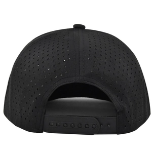 Rear view of a black 6-panel snapback hat featuring breathable mesh and adjustable strap
