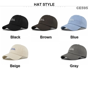 Detailed view of HELLO WEEKEND embroidery on baseball caps in five different colors