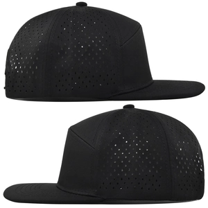 Detail view showing laser-cut breathable holes on side of black flat brim mesh cap