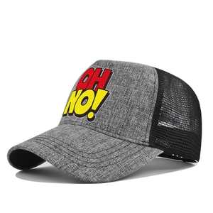 Detail of grey front panel and black breathable mesh back on the OH NO baseball cap