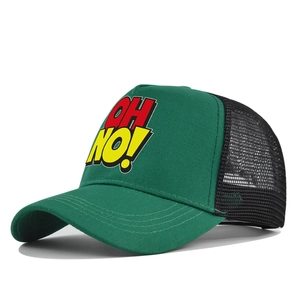 Detail view of the green and black mesh trucker hat featuring a pop-art OH NO! print