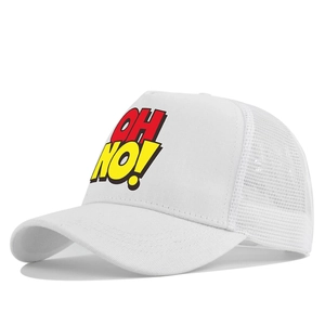 Detailed view of breathable mesh back and OH NO print on white trucker baseball cap