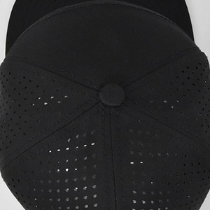 Close-up of black breathable mesh cap top with ventilation holes and stitched button