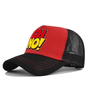 Detail of a red and black mesh baseball cap featuring an OH NO graphic logo print