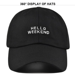 Black baseball cap with white Hello Weekend embroidery in a classic 6-panel structure