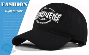 Detail of white 3D embroidery showing CONFIDENT text on a black cotton baseball cap