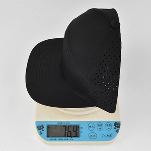 Lightweight black flat brim hip hop hat weighing 76.9g with laser-cut breathability