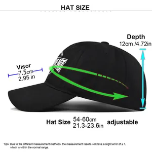 Size guide for the black cotton baseball cap with adjustable strap and embroidery details