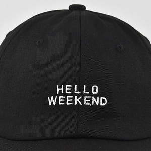 Black cotton baseball cap with white Hello Weekend embroidery and premium texture