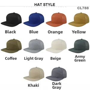 Detailed grid of flat brim mesh caps in ten various colors including earthy and bright tones