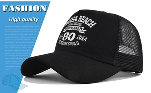 Close-up of Omaha Beach D-Day 80th anniversary print on a black mesh trucker cap
