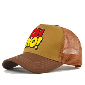 Detail of breathable brown mesh and vibrant cartoon OH NO print on a mesh trucker hat