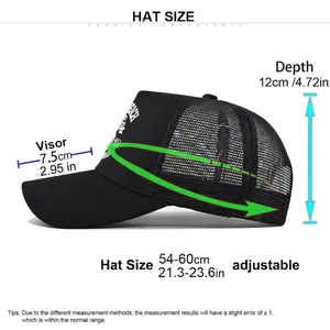 Size chart for adjustable mesh trucker hat with 54-60cm circumference and 7.5cm visor