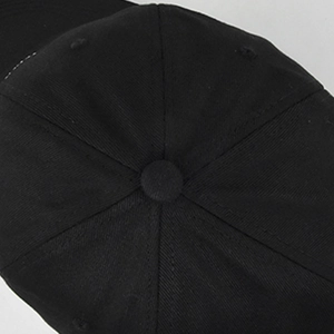 Detailed top view of a black baseball cap showing six-panel stitching and twill fabric texture