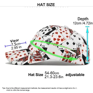 Guida alle taglie per cappellino da baseball con stampa poker e misura regolabile 54-60 cm