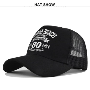 Detailed view of Omaha Beach D-Day 80th anniversary print on breathable mesh baseball cap
