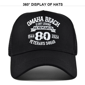 Black D-Day 80th Anniversary commemorative trucker hat with breathable mesh back