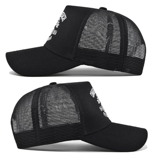 Detail view of the black mesh trucker hat featuring the Omaha Beach Veteran print