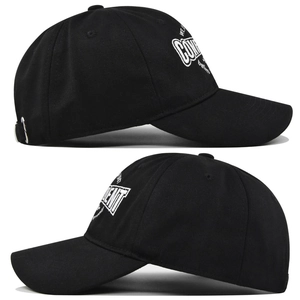 Detail view of cotton baseball cap with white Confident embroidery and metal buckle