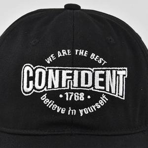 Front view of black baseball cap with high-quality white CONFIDENT embroidery and text