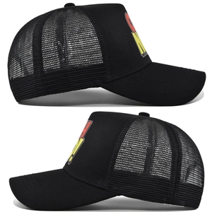 Dual view of black mesh trucker hat with retro racing logo and breathable back panels
