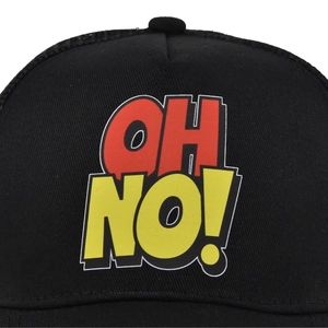Detailed close-up of a black trucker hat featuring a vibrant red and yellow OH NO! print